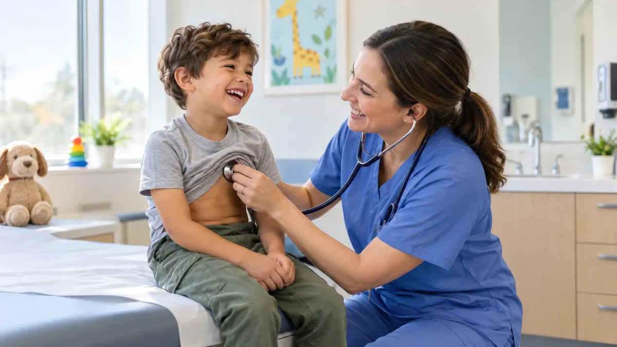 A smiling school-age child sitting on an examination table while a paediatric doctor listens to their chest