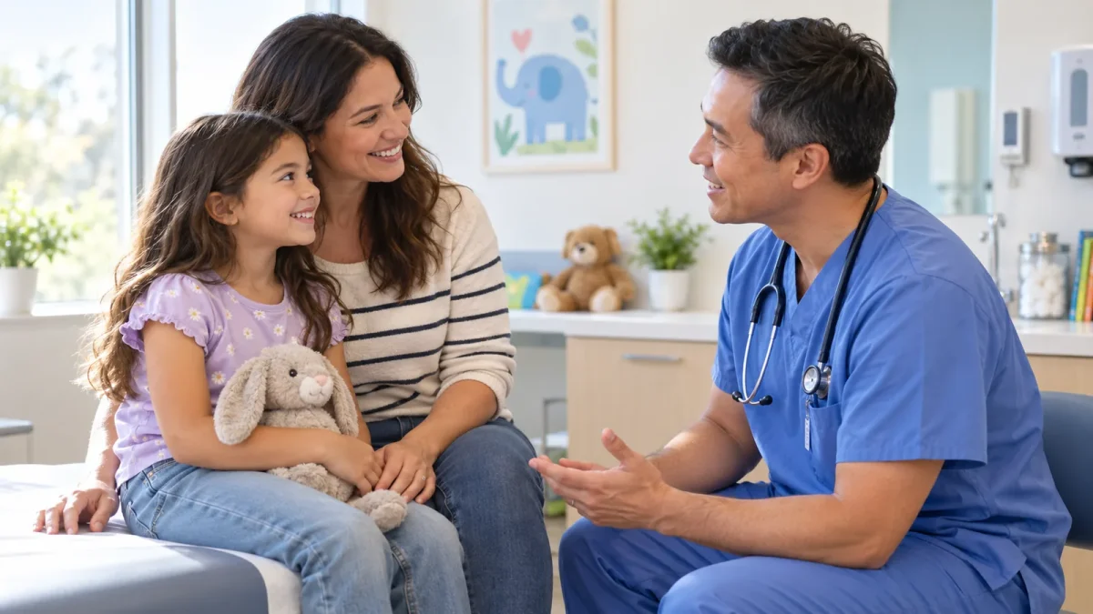 A parent and child sitting together, smiling, as a paediatric surgeon explains their treatment
