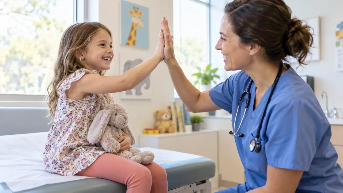 A young child high-fiving a doctor after a check-up