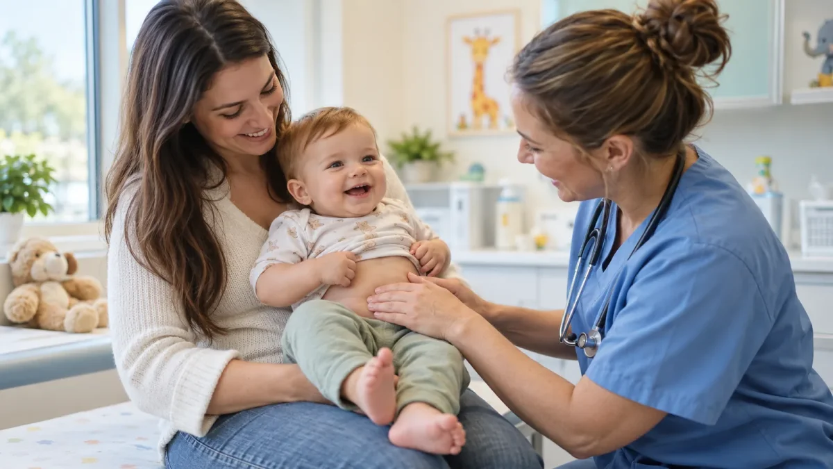 A relaxed baby held by a parent while a doctor gently examines the baby