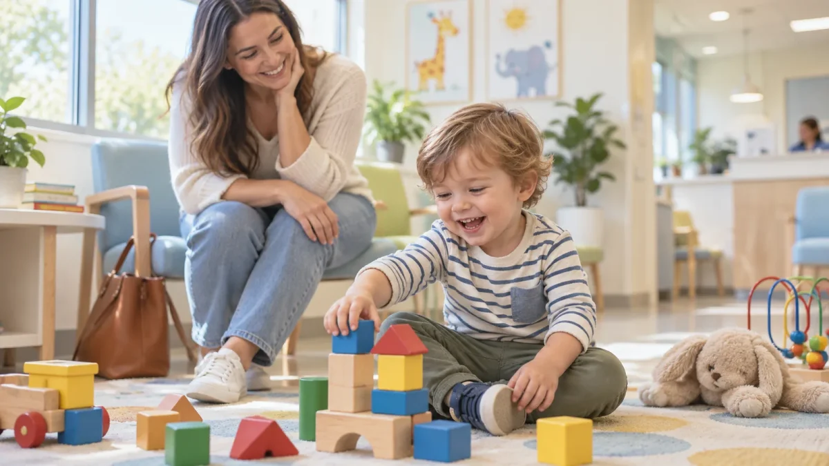 A toddler playing happily with wooden toys in a bright clinic waiting area