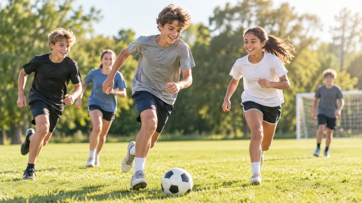 A teenager running and playing football outdoors with friends