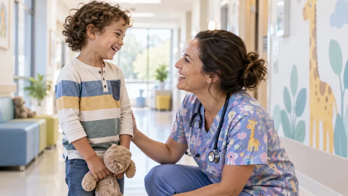 A nurse crouching down to talk with a smiling young child in a bright clinic corridor