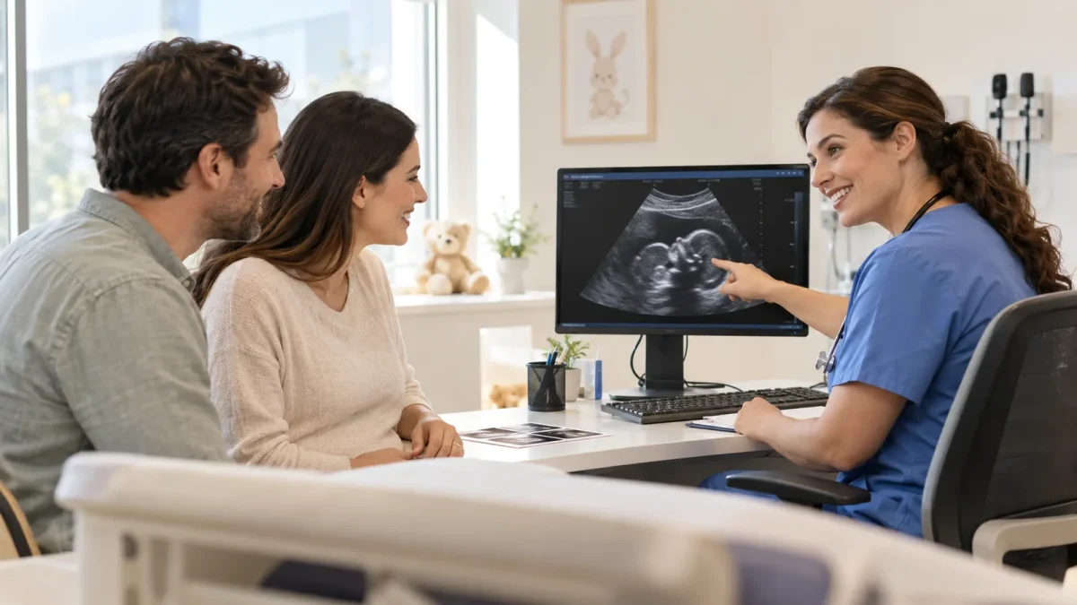 A doctor reviewing a prenatal ultrasound on screen with two expectant parents